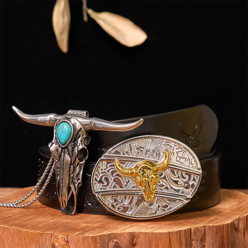 Set di ciondoli con fibbia per cintura fai da te in oro e argento con coltello nascosto e corno di cervo turchese - Toro - Cintura con aquila in rilievo nera - 42 - image 6