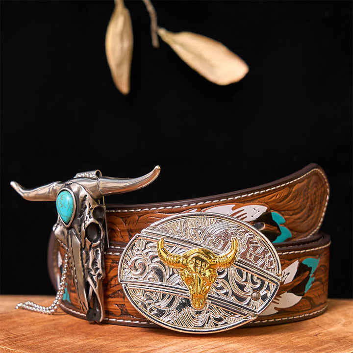 Set di ciondoli con fibbia per cintura fai da te in oro e argento con coltello nascosto e corno di cervo turchese - Toro - Cintura di piume marroni - 40 - image 0