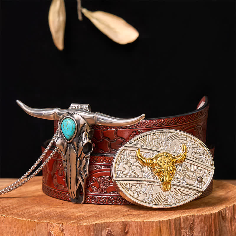 Set di ciondoli con fibbia per cintura fai da te in oro e argento con coltello nascosto e corno di cervo turchese - Toro - Cintura marrone intagliata - 42 - image 10
