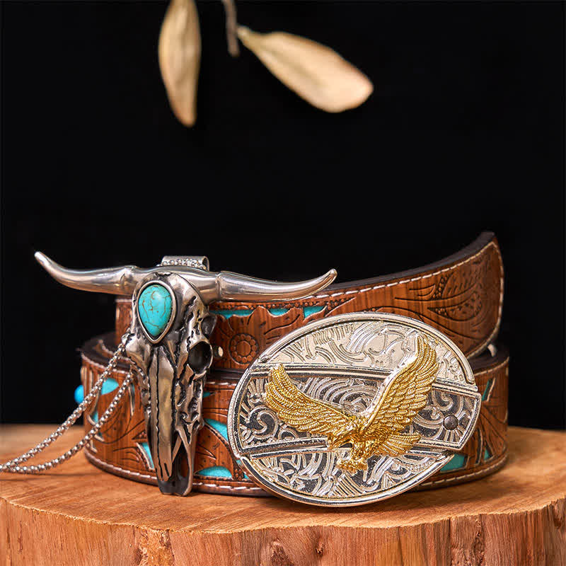 Set di ciondoli con fibbia per cintura fai da te in oro e argento con coltello nascosto e corno di cervo turchese - Aquila - Cintura intagliata turchese - 42 - image 33