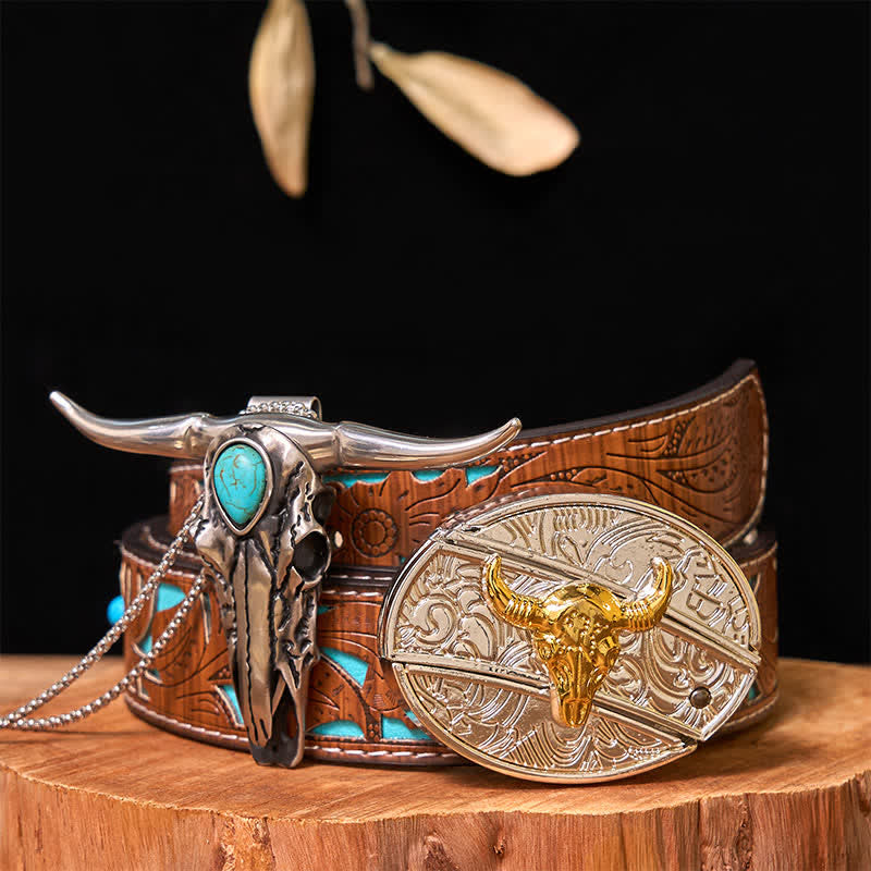 Set di ciondoli con fibbia per cintura fai da te in oro e argento con coltello nascosto e corno di cervo turchese - Toro - Cintura intagliata turchese - 42 - image 7