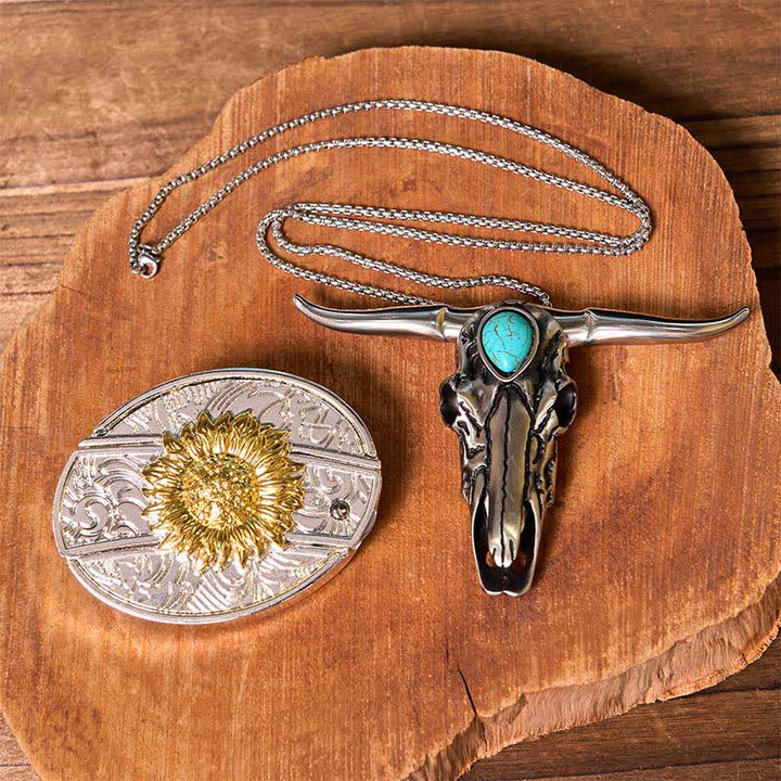 Set di ciondoli con fibbia per cintura fai da te in oro e argento con coltello nascosto e corno di cervo turchese