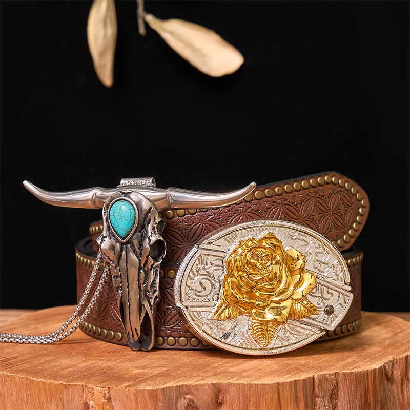 Set di ciondoli con fibbia per cintura fai da te in oro e argento con coltello nascosto e corno di cervo turchese - Rosa - Cintura con rivetti marroni - 42 - image 25