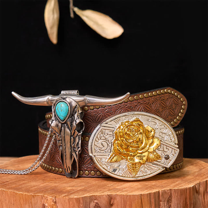 Set di ciondoli con fibbia per cintura fai da te in oro e argento con coltello nascosto e corno di cervo turchese - Rosa - Cintura con rivetti marroni - 42 - image 25