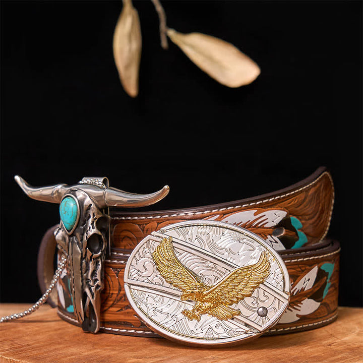 Set di ciondoli con fibbia per cintura fai da te in oro e argento con coltello nascosto e corno di cervo turchese - Aquila - Cintura di piume marroni - 40 - image 37