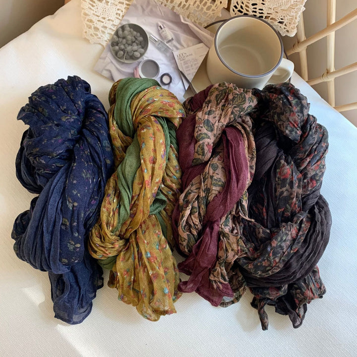 Sciarpa morbida e sottile con motivo floreale plissettato vintage da donna