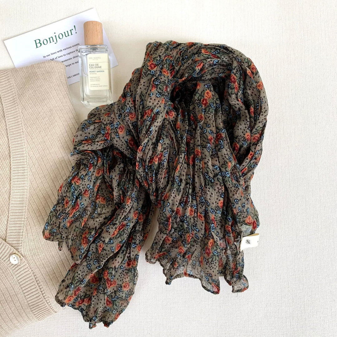 Sciarpa morbida e sottile con motivo floreale plissettato vintage da donna