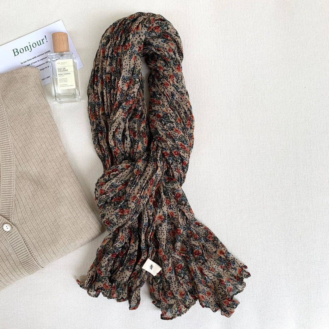Sciarpa morbida e sottile con motivo floreale plissettato vintage da donna