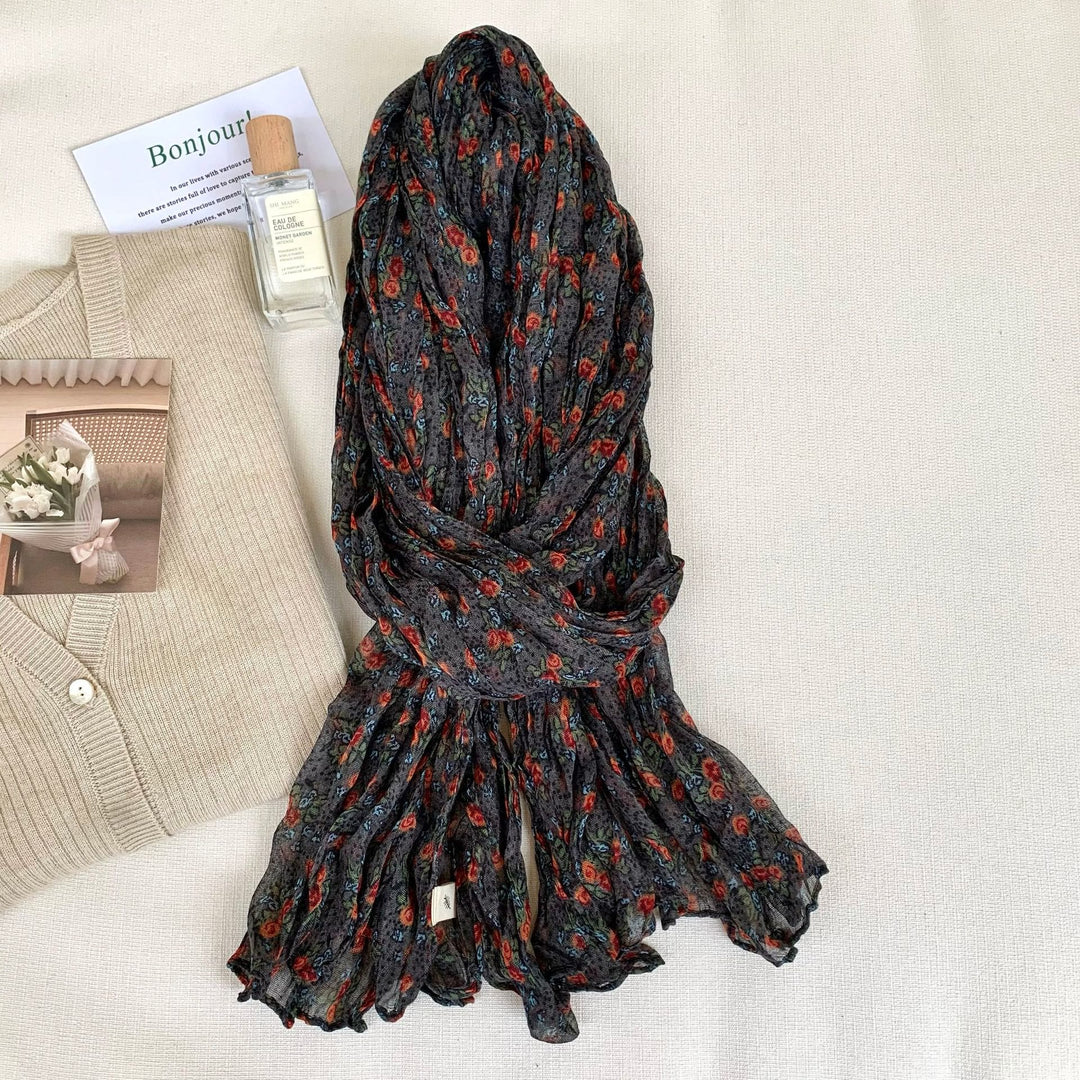 Sciarpa morbida e sottile con motivo floreale plissettato vintage da donna