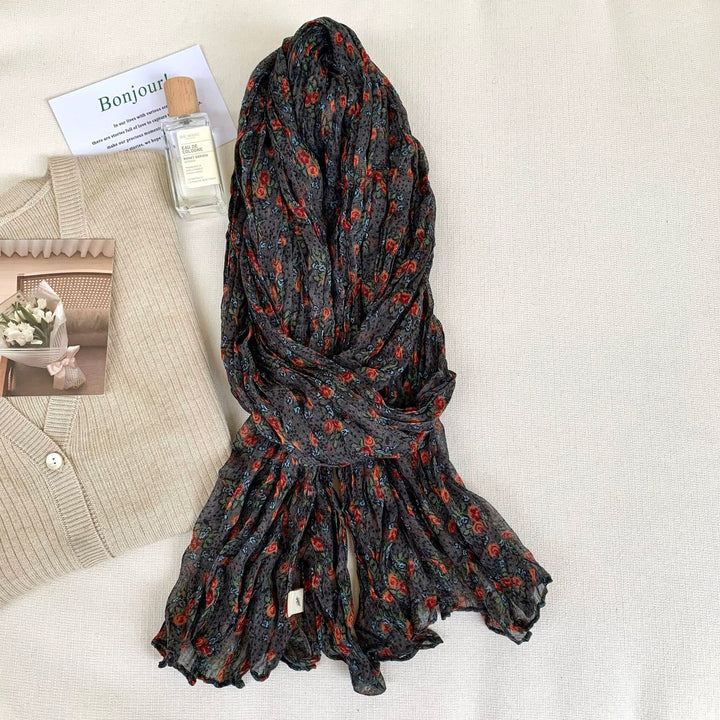 Sciarpa morbida e sottile con motivo floreale plissettato vintage da donna