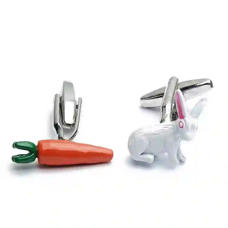 Set di gemelli da uomo con copribottoni a forma di coniglio e carota