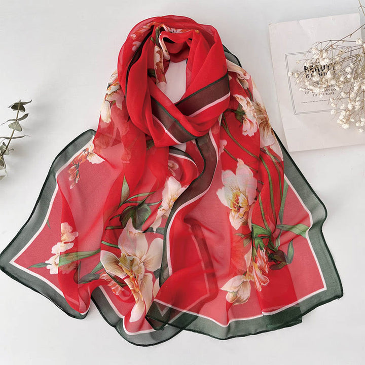Sciarpa da spiaggia con protezione solare, motivo floreale in chiffon estivo morbido da donna - #33 Ibisco rosso mutabilis - image 35