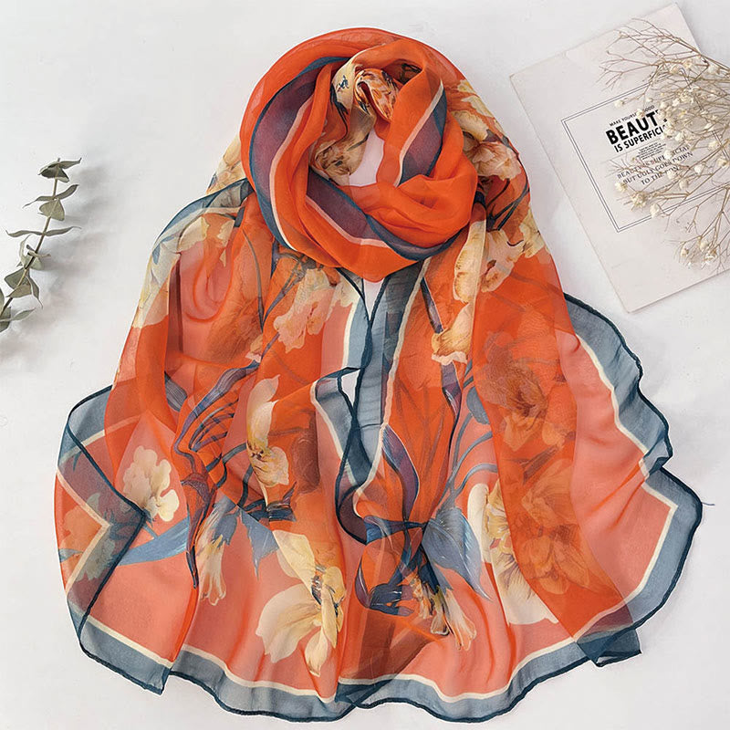 Sciarpa da spiaggia con protezione solare, motivo floreale in chiffon estivo morbido da donna - #34 Ibisco arancione mutabilis - image 36