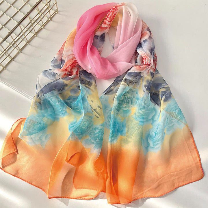 Sciarpa da spiaggia con protezione solare, motivo floreale in chiffon estivo morbido da donna