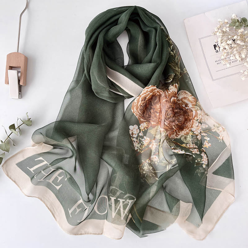 Sciarpa da spiaggia con protezione solare, motivo floreale in chiffon estivo morbido da donna - #18 Fiori verde oliva scuro - image 20