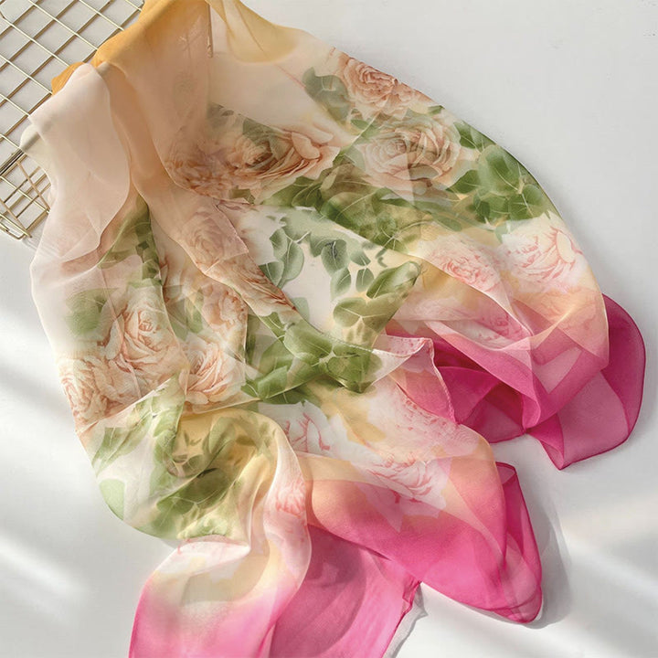 Sciarpa da spiaggia con protezione solare, motivo floreale in chiffon estivo morbido da donna