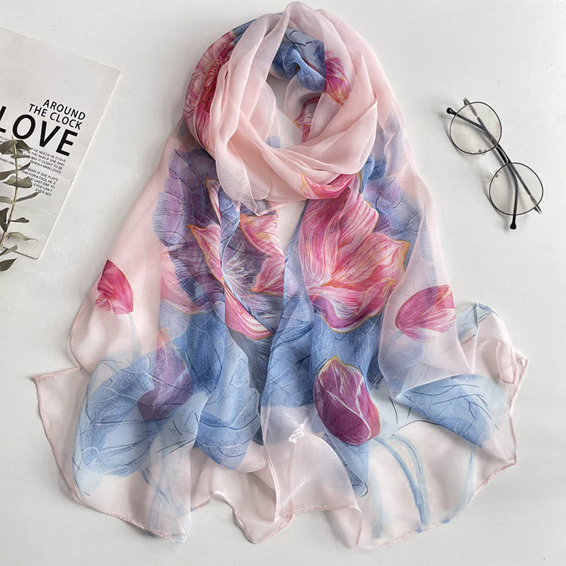Sciarpa da spiaggia con protezione solare, motivo floreale in chiffon estivo morbido da donna - #37 Loto rosa - image 39