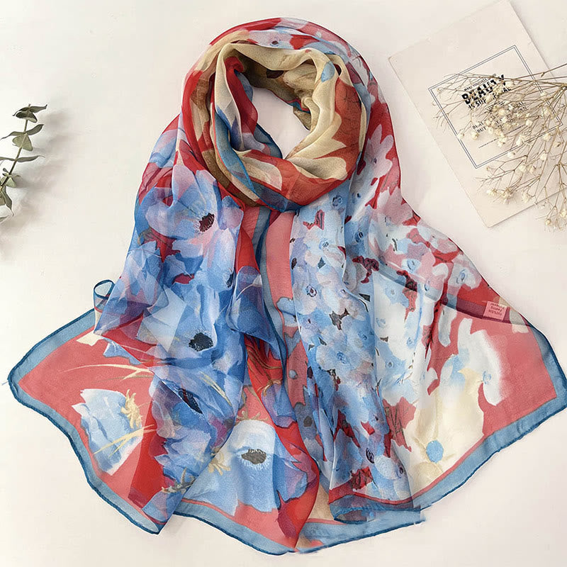 Sciarpa da spiaggia con protezione solare, motivo floreale in chiffon estivo morbido da donna - #32 Papavero blu - image 34