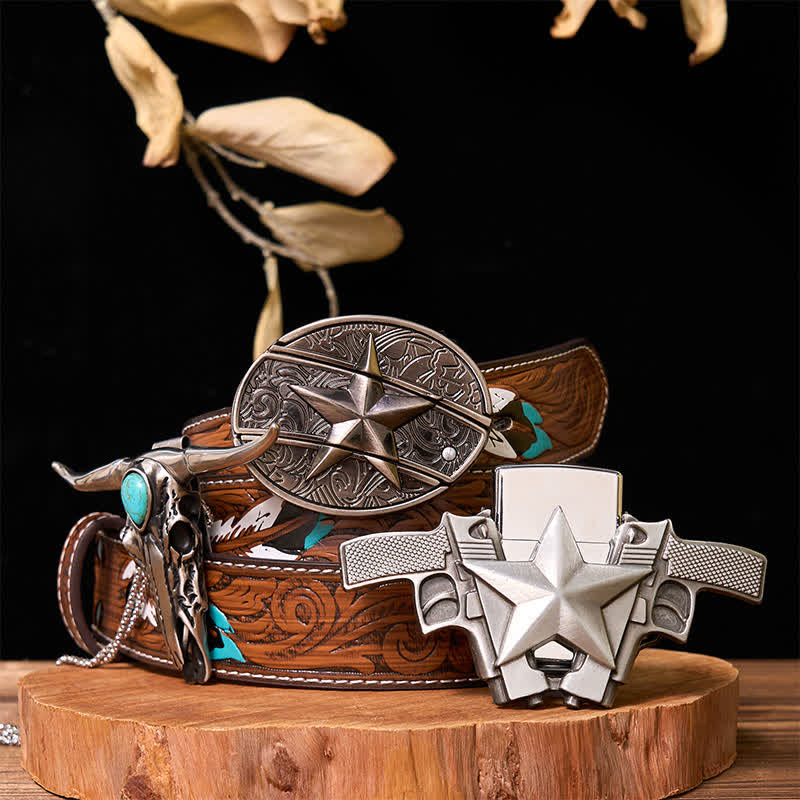 Set di ciondoli a forma di corno di cervo turchese con fibbia per cintura e coltello nascosto a forma di stella fai da te - Stella - Cintura di piume marroni - 40 - image 10