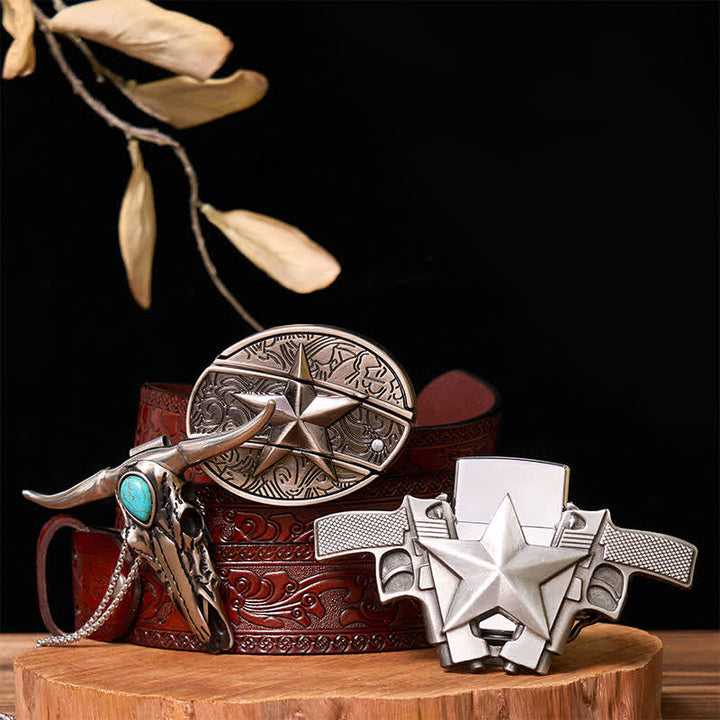 Set di ciondoli a forma di corno di cervo turchese con fibbia per cintura e coltello nascosto a forma di stella fai da te - Stella - Cintura marrone intagliata - 42 - image 9