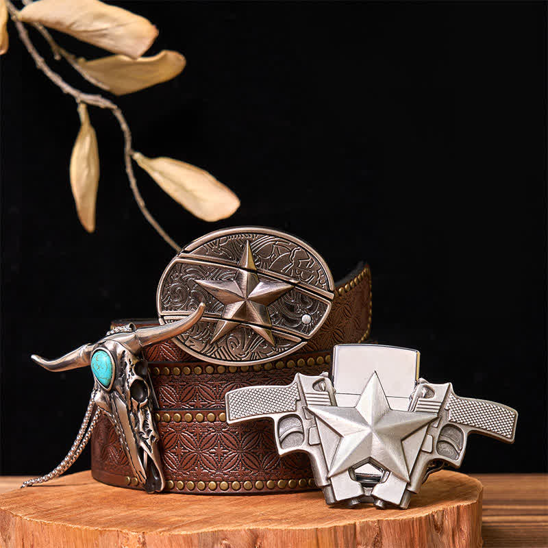 Set di ciondoli a forma di corno di cervo turchese con fibbia per cintura e coltello nascosto a forma di stella fai da te - Stella - Cintura con rivetti marroni - 42 - image 7