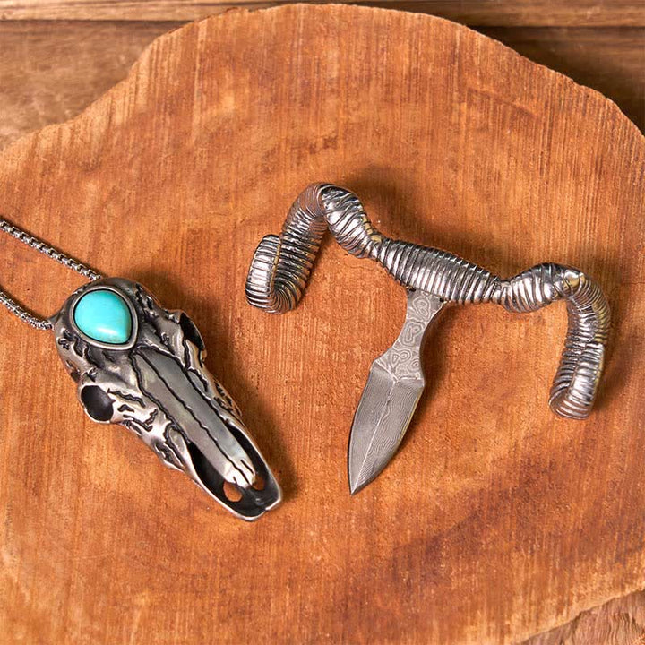 Fibbia per cintura multifunzione in argento con ciondolo a forma di teschio di pecora turchese