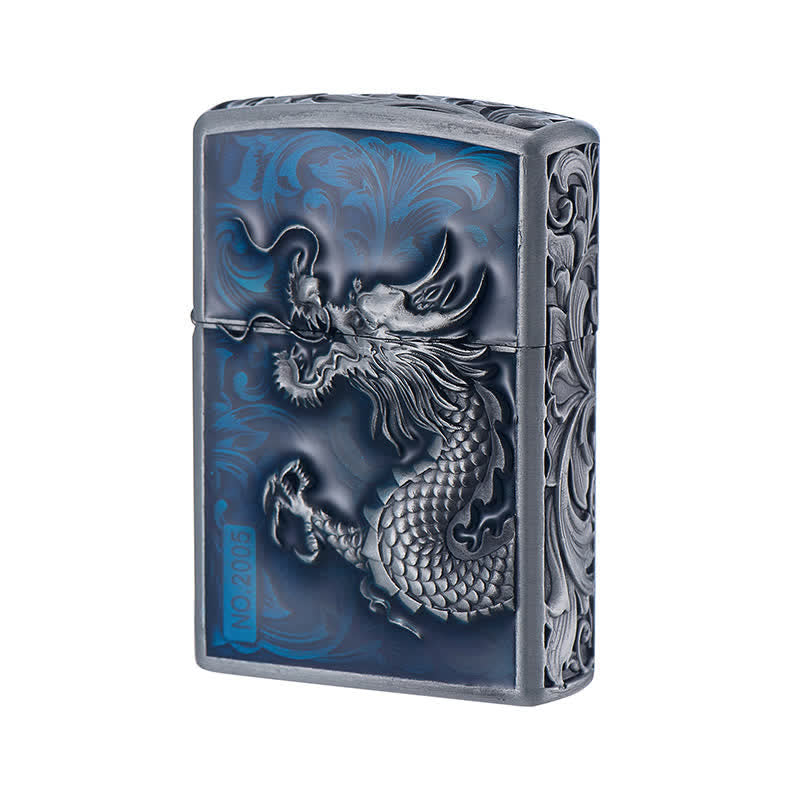 Accendino a cherosene ricaricabile con motivo a drago intagliato - Blu - image 2