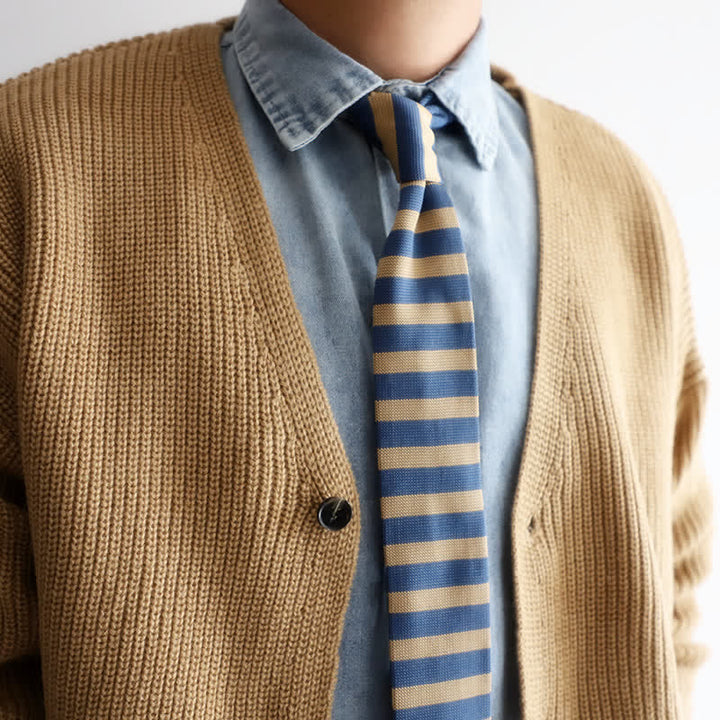 Cravatta da uomo in maglia a righe blu e cachi - Blu e cachi - image 0