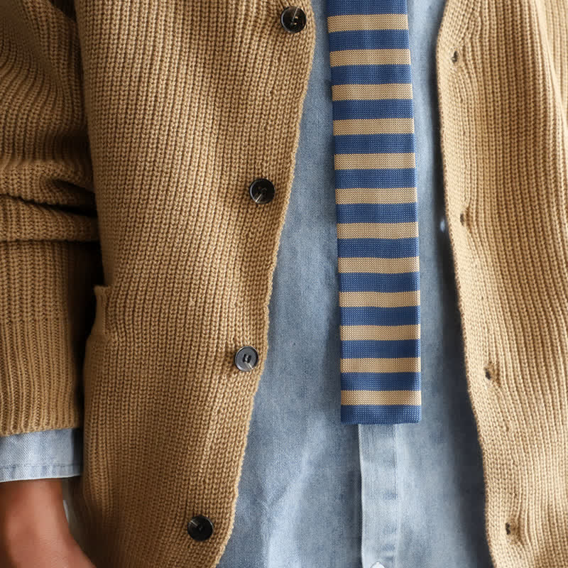 Cravatta da uomo in maglia a righe blu e cachi - image 4