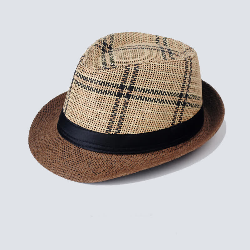 Cappello da uomo in paglia stile bohémien con motivo a quadri