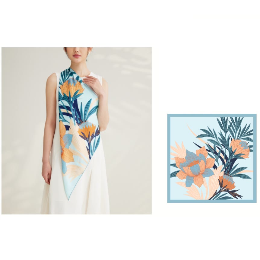 Sciarpa sottile in seta primaverile con motivo floreale Protea da donna