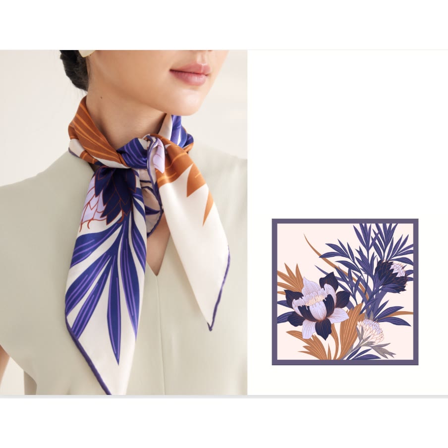 Sciarpa sottile in seta primaverile con motivo floreale Protea da donna