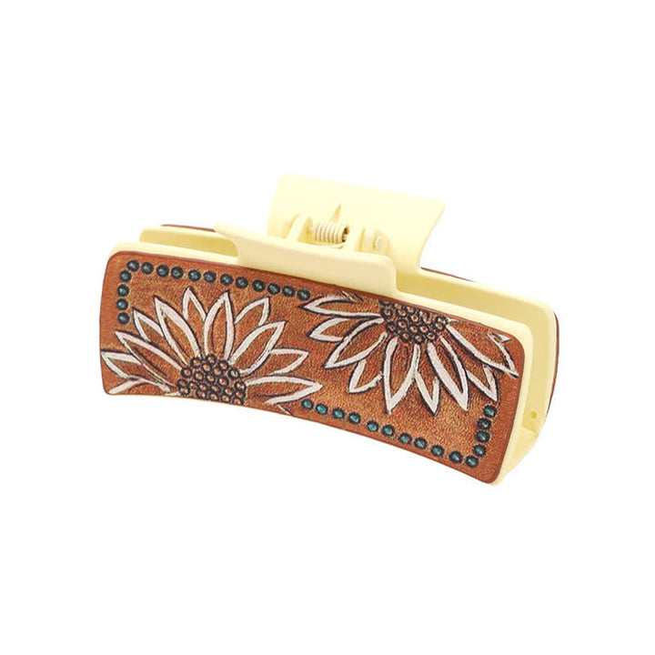Fermaglio per capelli con stampa girasole in pelle PU marrone da donna - Avorio - image 2