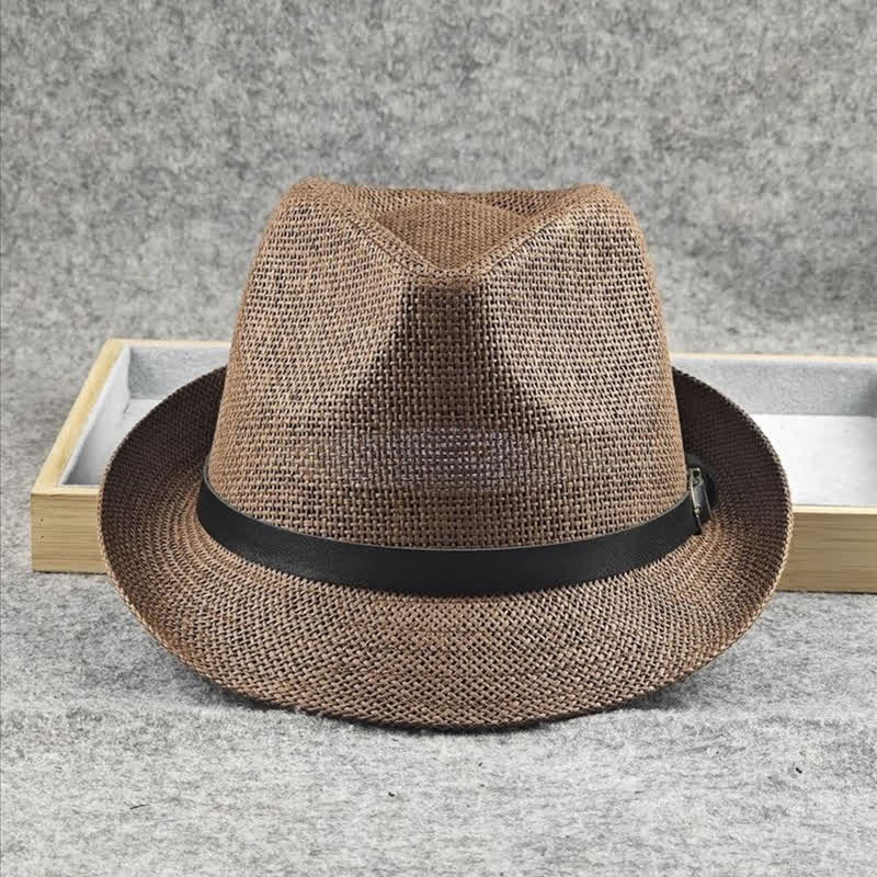 Cappello da uomo in paglia Fedora estivo con motivo a quadri inglesi e pied de poule