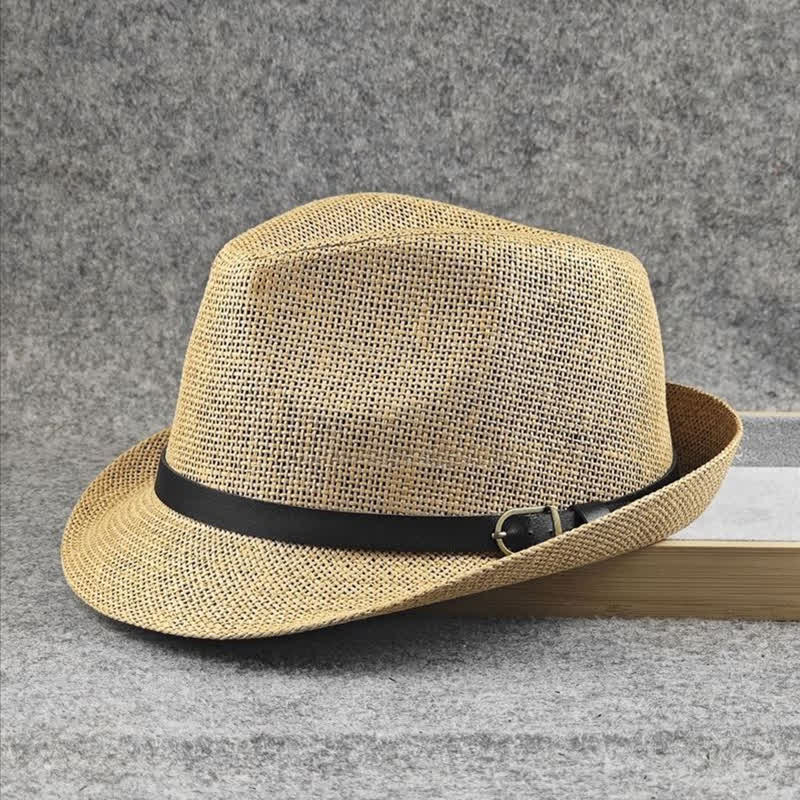 Cappello da uomo in paglia Fedora estivo con motivo a quadri inglesi e pied de poule