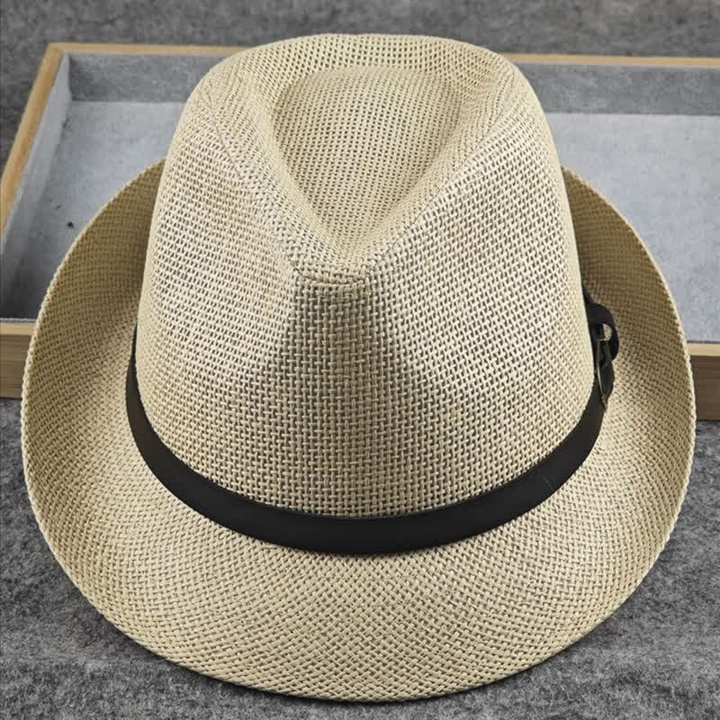 Cappello da uomo in paglia Fedora estivo con motivo a quadri inglesi e pied de poule