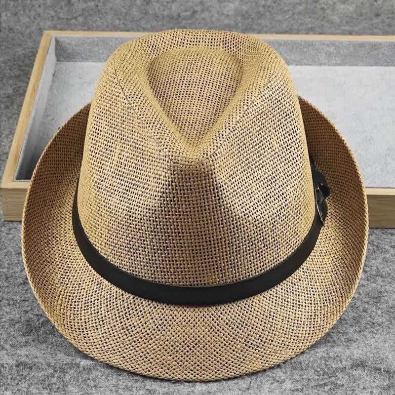 Cappello da uomo in paglia Fedora estivo con motivo a quadri inglesi e pied de poule - Cachi - L (23 1/4"-22 7/8") - image 0