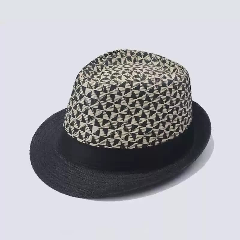 Cappello da spiaggia in paglia Fedora con motivo a quadri classico da uomo - Nero - Misura M (22"-22 7/8") - image 1