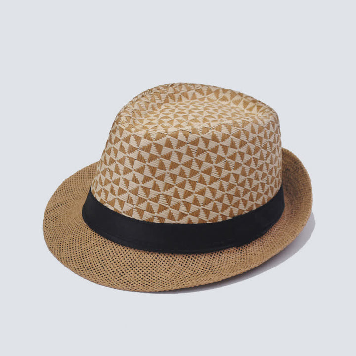 Cappello da spiaggia in paglia Fedora con motivo a quadri classico da uomo
