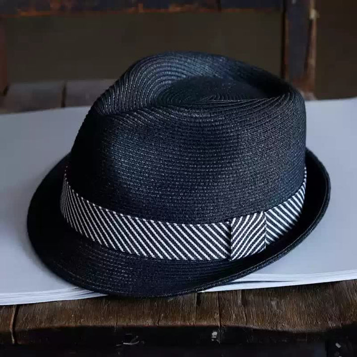 Cappello da spiaggia in paglia Fedora con nastro a righe grazioso da uomo - Nero - Misura M (22"-22 7/8") - image 3