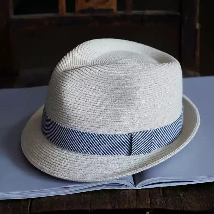 Cappello da spiaggia in paglia Fedora con nastro a righe grazioso da uomo
