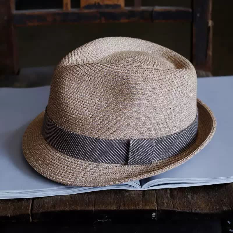 Cappello da spiaggia in paglia Fedora con nastro a righe grazioso da uomo - Caffè leggero - Misura M (22"-22 7/8") - image 6