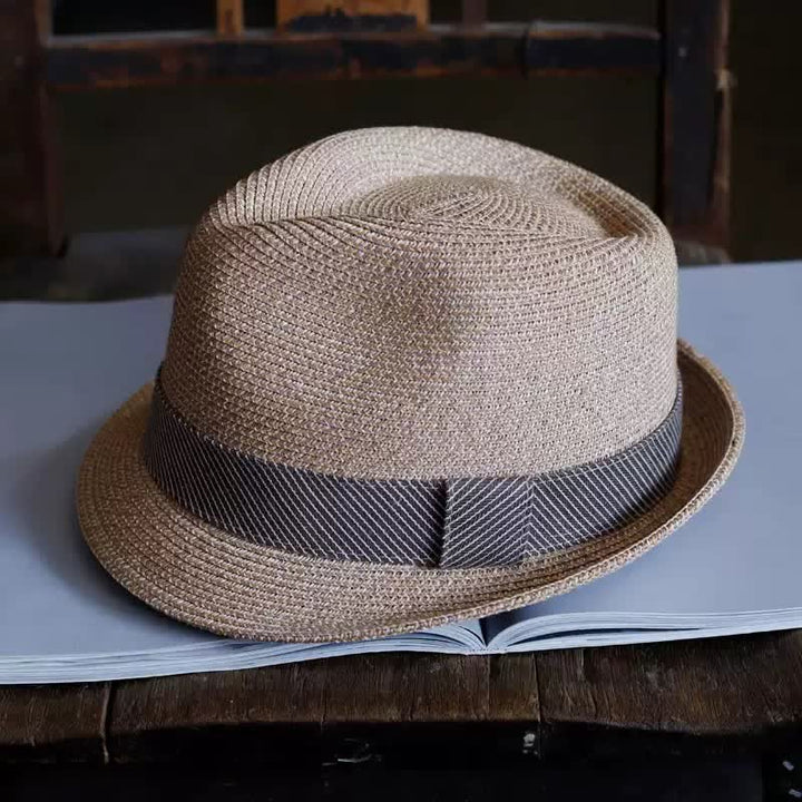 Cappello da spiaggia in paglia Fedora con nastro a righe grazioso da uomo