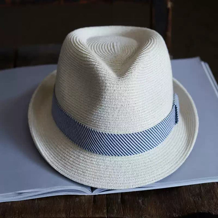 Cappello da spiaggia in paglia Fedora con nastro a righe grazioso da uomo