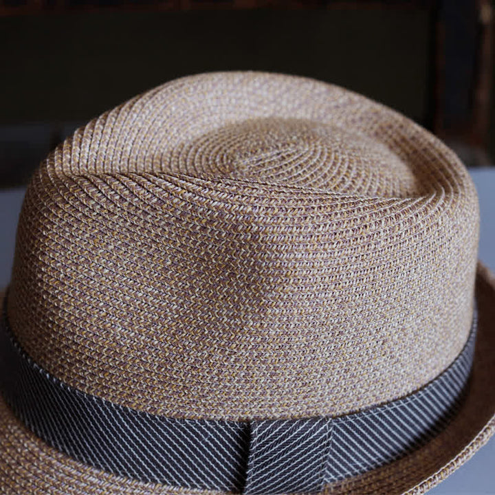 Cappello da spiaggia in paglia Fedora con nastro a righe grazioso da uomo