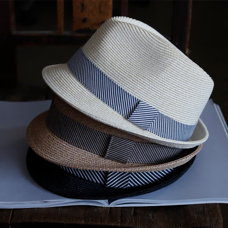 Cappello da spiaggia in paglia Fedora con nastro a righe grazioso da uomo