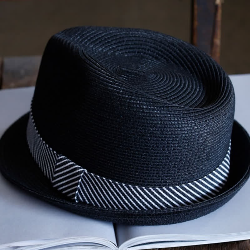 Cappello da spiaggia in paglia Fedora con nastro a righe grazioso da uomo