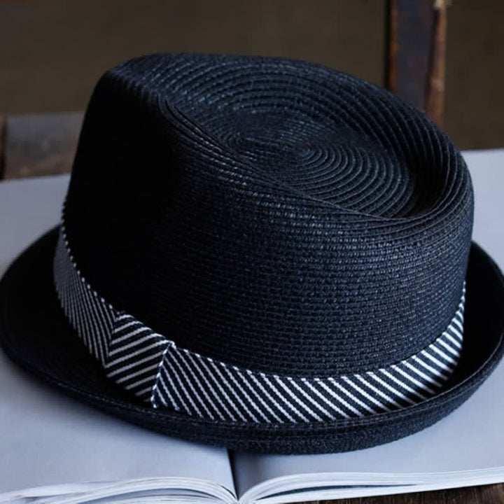 Cappello da spiaggia in paglia Fedora con nastro a righe grazioso da uomo