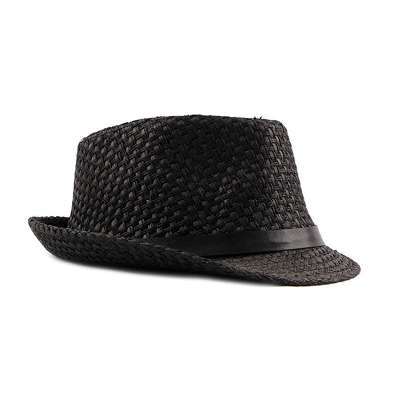 Cappello da spiaggia in paglia Fedora con fascia in pelle intrecciata da uomo