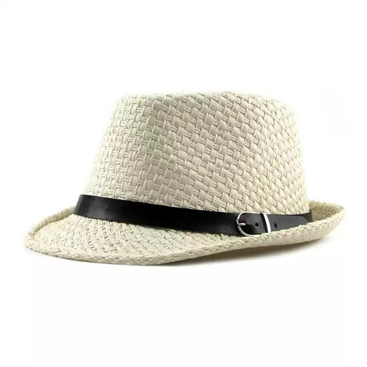 Cappello da spiaggia in paglia Fedora con fascia in pelle intrecciata da uomo